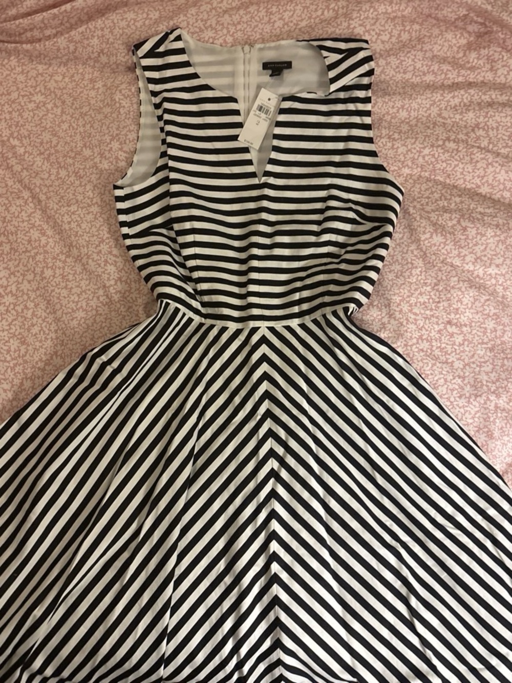 Ann Taylor Black and White Striped Midi Fit-and-Flare Dress